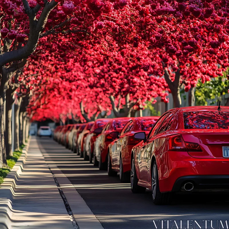 Vibrant Red Blossoms Over Car-Lined Street AI Image