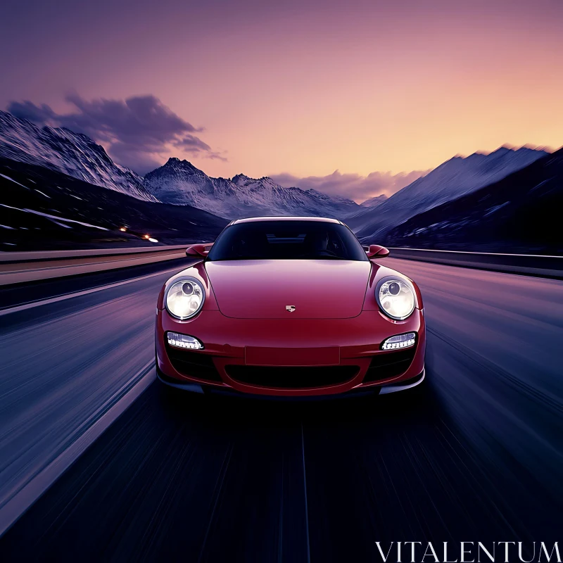 Luxury Sports Car Driving at Sunset in Mountains AI Image