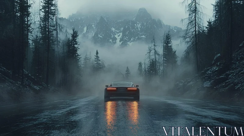 Sleek Car on Foggy Forest Road AI Image