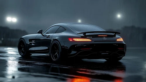 Night Scene of Black Sports Car with Illuminated Tail Lights