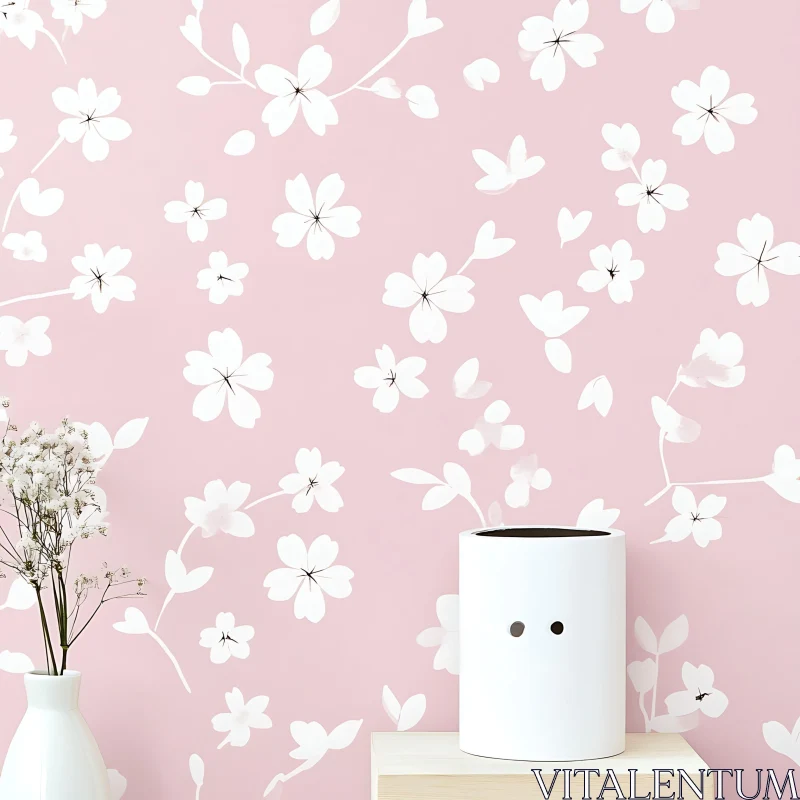 Cherry Blossom Floral Wallpaper with Minimalist Décor AI Image