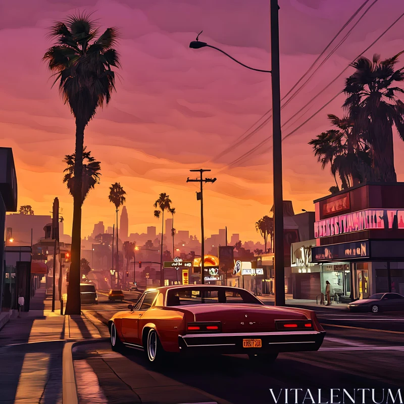 Evening Drive in a Classic Car Through a Sunset-Lit City AI Image