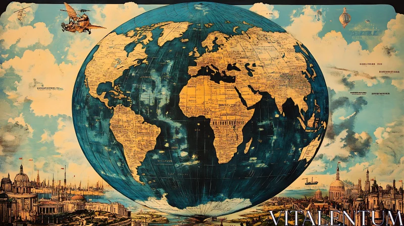 AI ART Steampunk World Map Over Historical Skyline