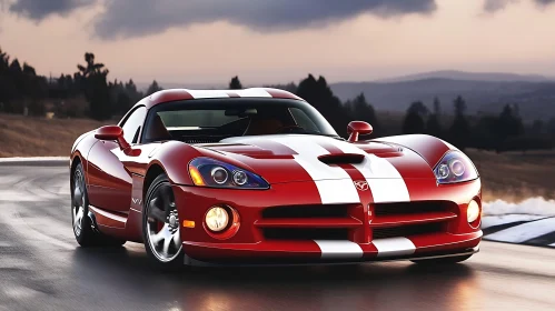 Red Sports Car with White Stripes in Evening Light