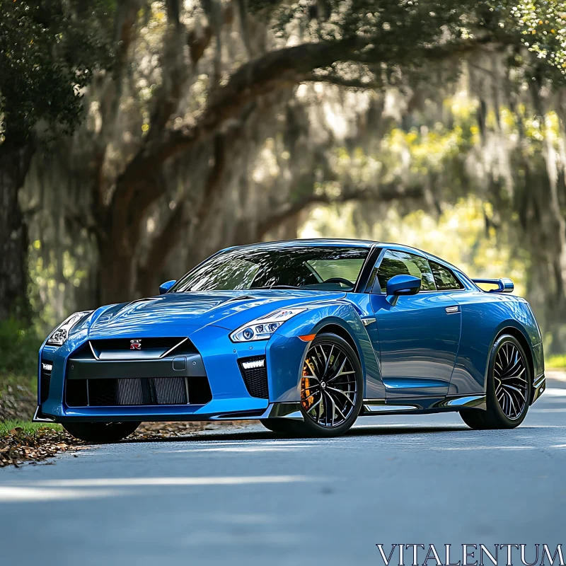 Blue Luxury Sports Car in Scenic Nature Setting AI Image