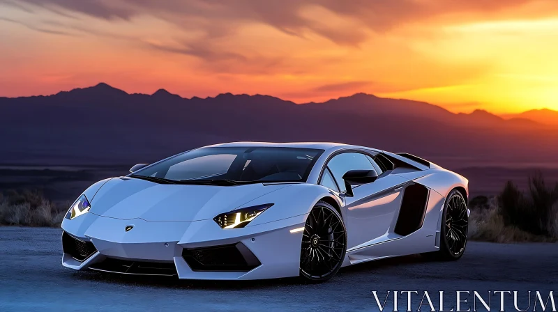 Elegant White Sports Car with Mountain Sunset AI Image