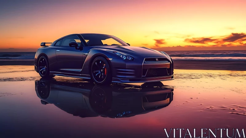 Sports Car Reflected at Sunset AI Image