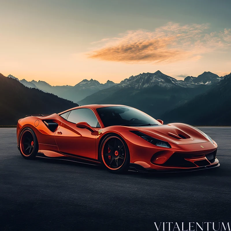 Red Luxurious Sports Car with Mountain View at Dusk AI Image