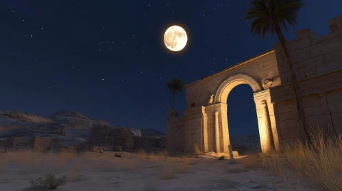 Ancient Archway in Desert Landscape with Full Moon