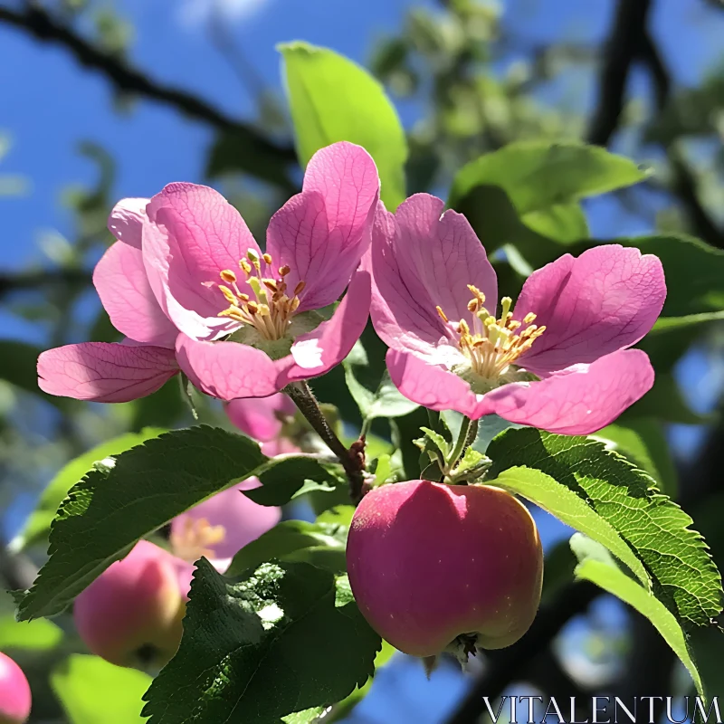 Blooming Pink Apple Flowers with Blue Sky AI Image