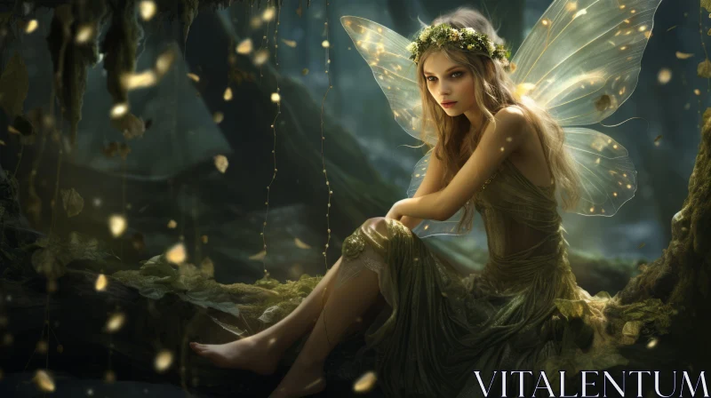 Enchanting Fairy Girl in a Forest - Dark Gold and Green Realistic Portraiture AI Image