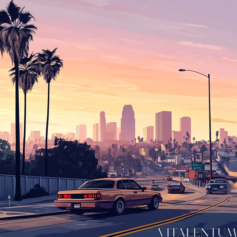 Twilight Cityscape with Cars and Palm Trees AI Image