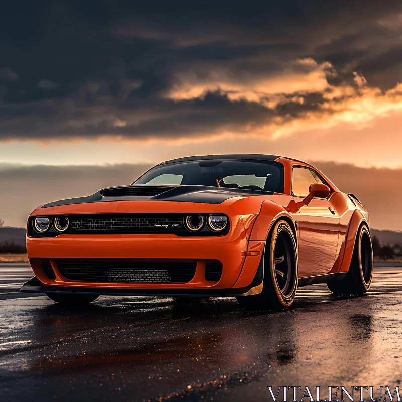 Powerful Muscle Car Reflecting Sunset AI Image