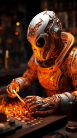 Robot in Orange Outfit in a Liquid Metal Style Scene