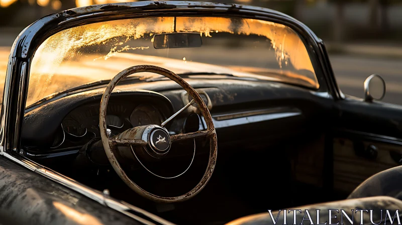 Classic Car Interior with Sunlit Steering Wheel