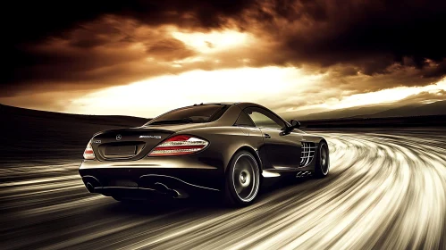 Luxurious Black Car Driving at Sunset