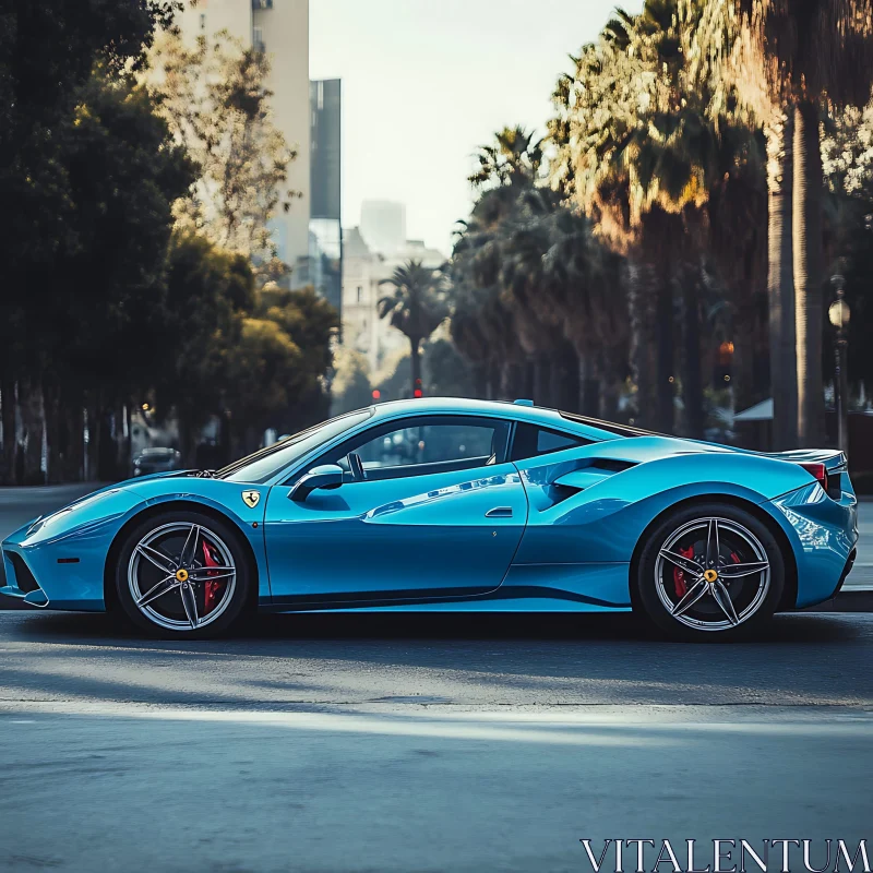 Modern Blue Supercar in a Cityscape AI Image