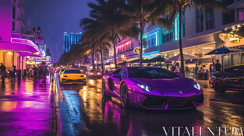 Neon-Lit Rainy Night with Luxury Cars Neon-Lit Rainy Night with Luxury Cars