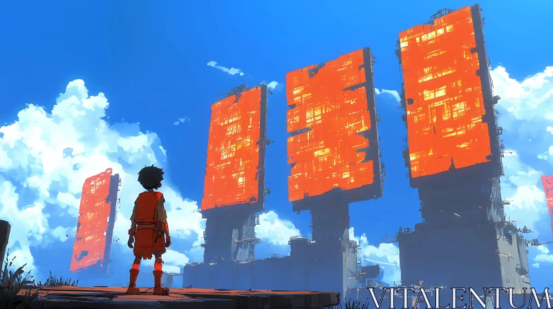 Child and Towering Orange Structures AI Image