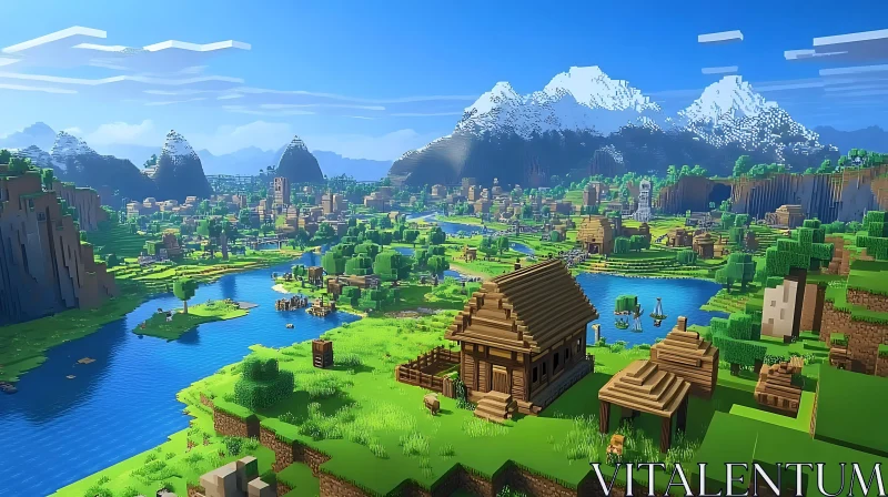 Idyllic 3D Countryside Village with Mountains AI Image