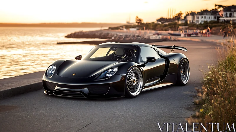 Luxury Sports Car by Coastal Road at Sunset Luxury Sports Car by Coastal Road at Sunset
