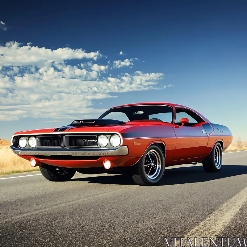 Classic Red Muscle Car in Scenic Highway Setting Classic Red Muscle Car in Scenic Highway Setting