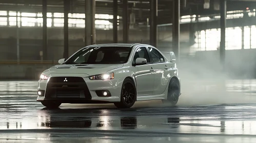 White Racing Car in a Warehouse Drifting
