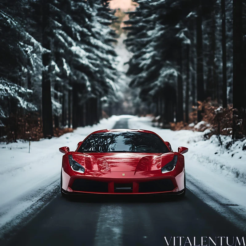 AI ART Luxury Red Car on a Winter Forest Road