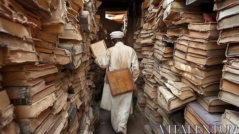 Person Navigating Through Aisle of Dusty Old Books Person Navigating Through Aisle of Dusty Old Books