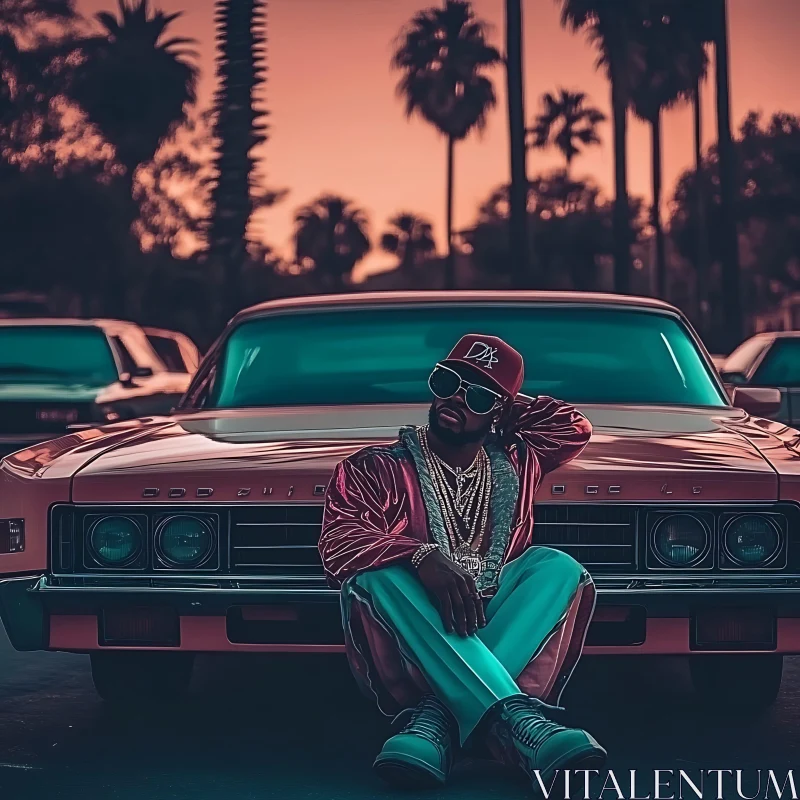 Fashionable Urban Scene with Retro Car and Sunset Fashionable Urban Scene with Retro Car and Sunset
