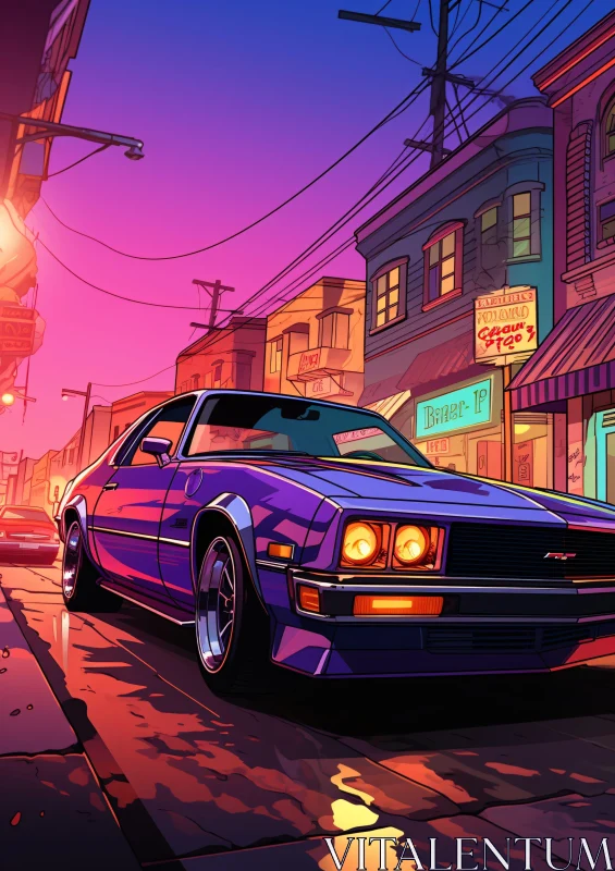 Vintage Car in a Neon-Lit Cityscape