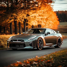 Autumn Drive with a Sleek Silver Sports Car