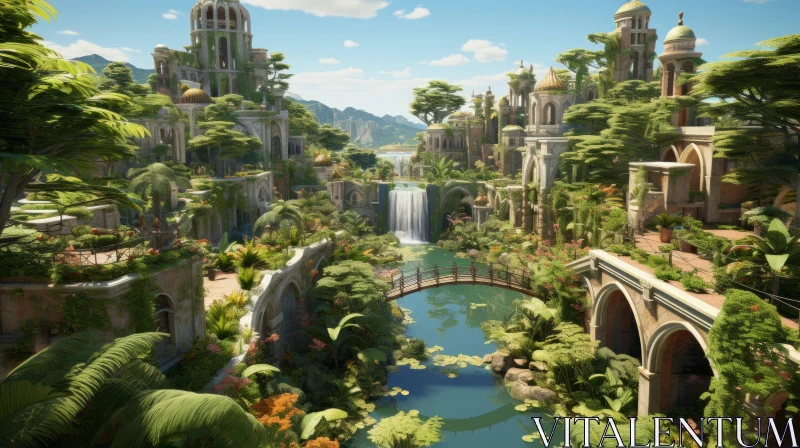Enchanting Video Game Garden: A Journey through Nature-Inspired Cityscape AI Image