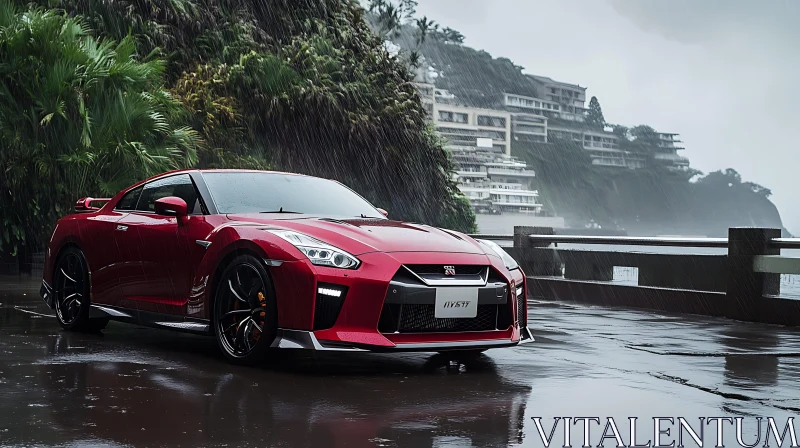 Red Luxury Sports Car on Rainy Coastal Road Red Luxury Sports Car on Rainy Coastal Road