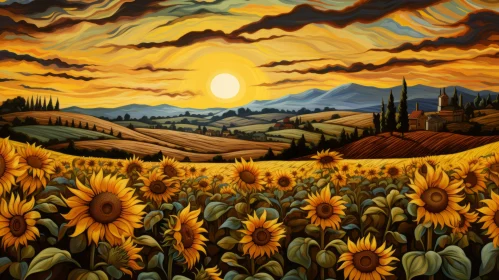 Sunflower Field at Sunset - A Mesmerizing Landscape Painting