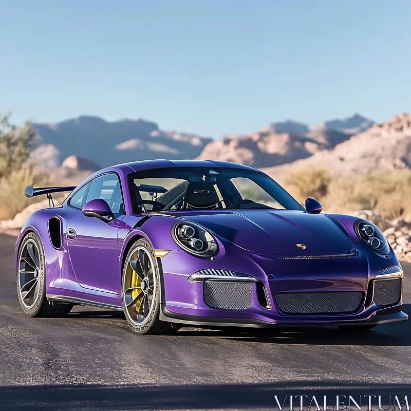 Luxury Purple Sports Car in Desert Landscape AI Image