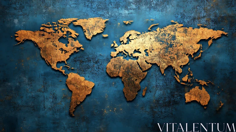 World Map in Gold and Blue AI Image