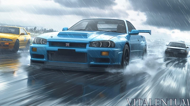 Intense Sports Car Race in the Rain AI Image