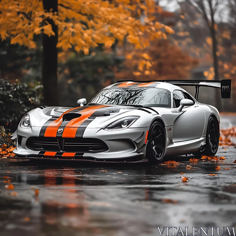 Metallic Silver Sports Car on Wet Autumn Road AI Image