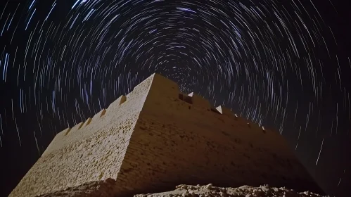 Night Sky and Star Trails Above Old Stone Building