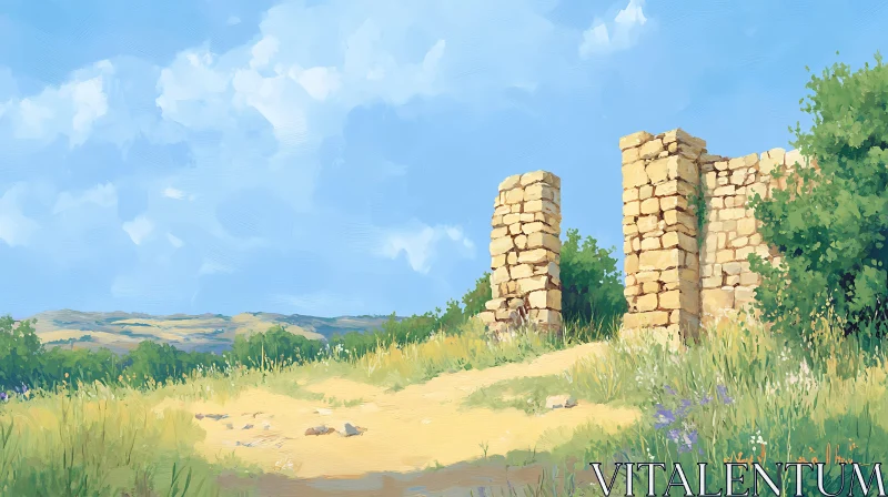 Ancient Ruins in a Tranquil Countryside Landscape AI Image