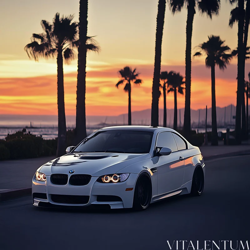 Luxury Car Scene at Sunset by the Beach AI Image