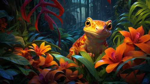 Green Lizard Amidst Orange Blossoms in Jungle