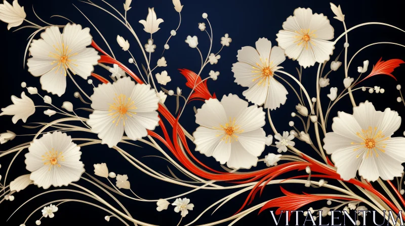 White Flowers on Dark Background - A fusion of Colorful Woodcarvings and Flowing Lines AI Image