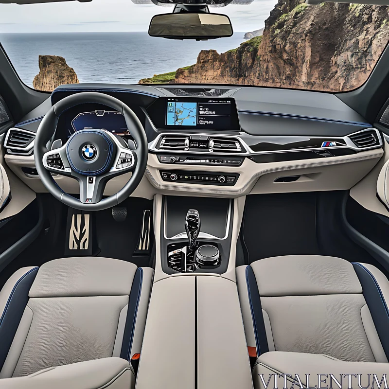 High-End Vehicle Interior Overlooking Sea Cliffs AI Image