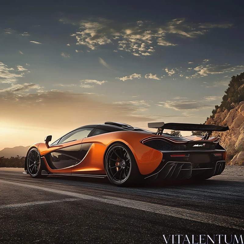 Sleek Orange Sports Car with High Spoiler at Sunset AI Image