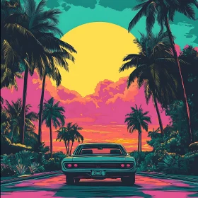 Dreamlike Car Ride With Colorful Sky and Palm Trees