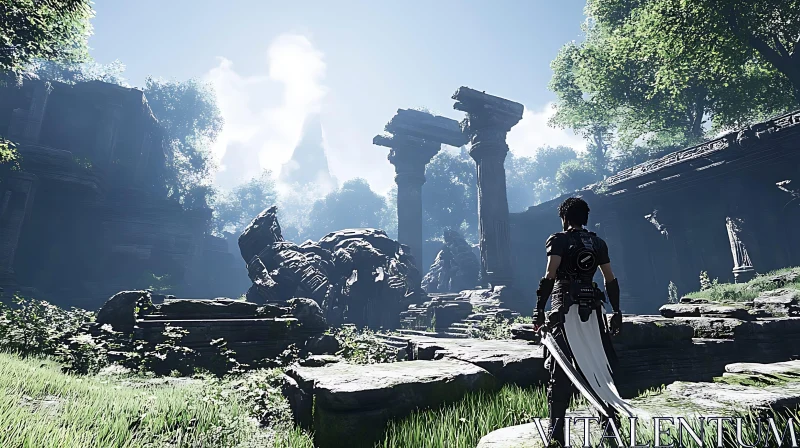 Ancient Overgrown Ruins with a Warrior AI Image