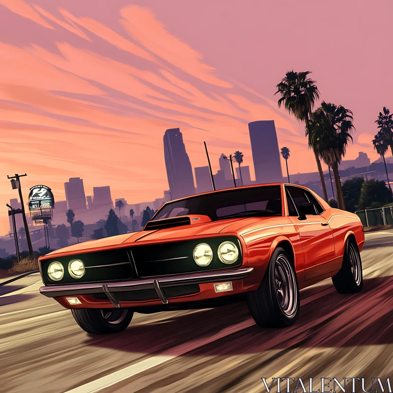 Cityscape with Red Muscle Car at Sunset AI Image