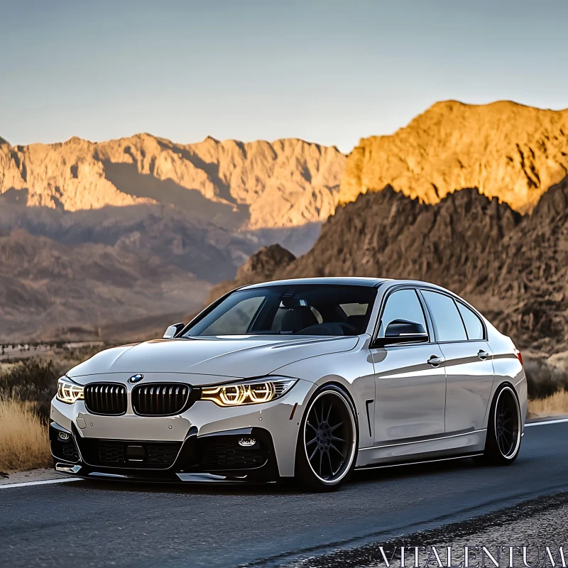 Luxury Car on Mountain Drive at Sunset AI Image